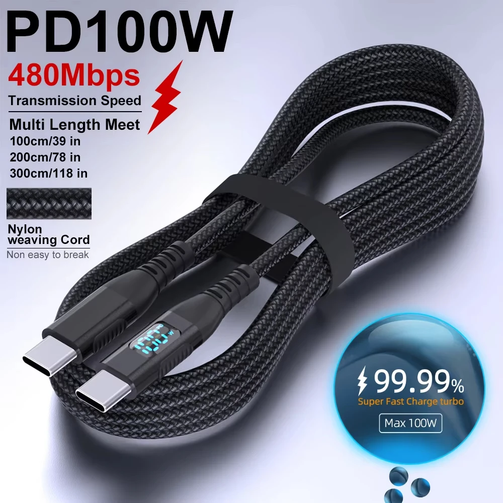 1M 2M 3M 100W USB C to Type C Cord Nylon Braided 5A Max Fast Charging Cable for iPhone 15 16 17 Pro Max for Android Power Cord