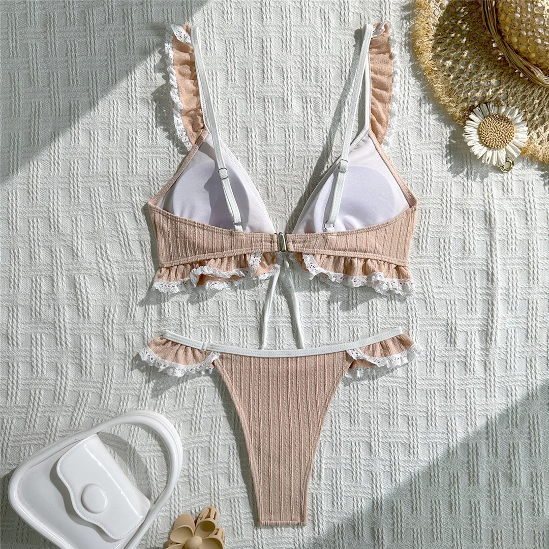 Neuer Bikini mit Rüschen und V-Ausschnitt, Spitze, Damen-Badebekleidung, zweiteiliger Bikini-Set, hoher Beinausschnitt, Badeanzug, Badebekleidung, V7844 – Detail 13