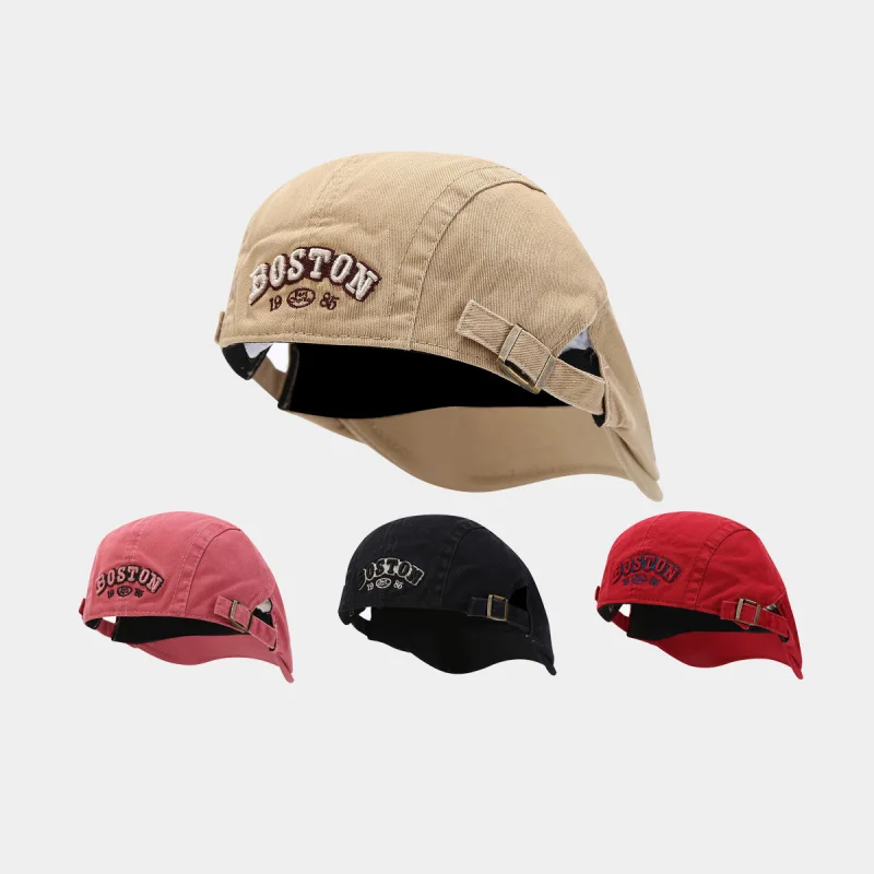 Men's Washed Cotton Flat Cap with Boston Embroidery Retro Ivy Gatsby Hat for Casual