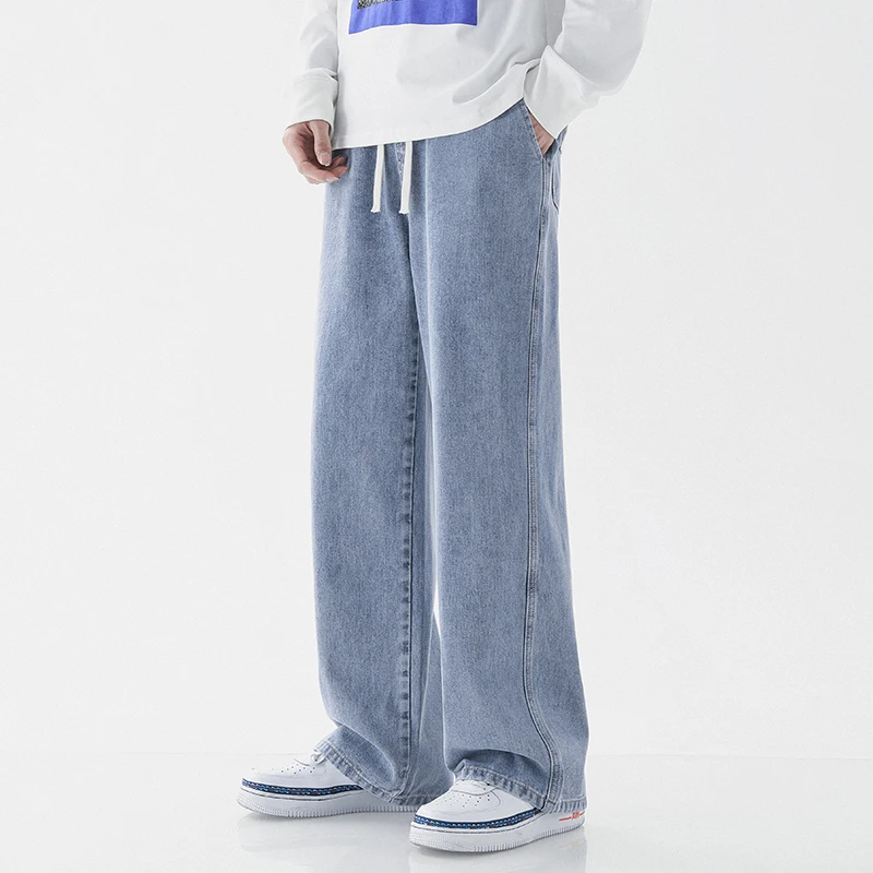 

2025 New Korean Fashion Men's Casual Jeans Classic Man Straight Denim Wide-leg Pants Light Blue Grey Black 3XL