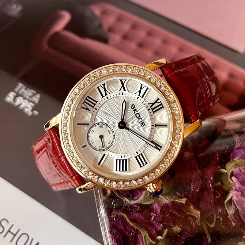 SKONE Blue balloon round fashion retro trend belt with high-end feel diamond inlaid versatile quartz watch for women