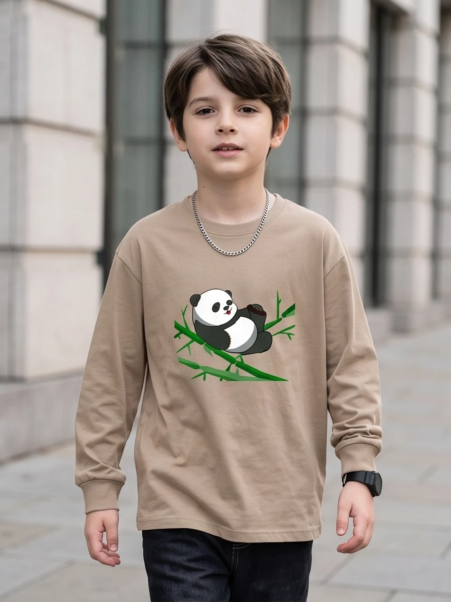 Boys Long Sleeve Cotton T-shirt Cartoon Panda Graphic Print Big Kids Crew Neck Casual Tops