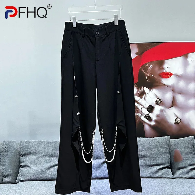 PFHQ 2024 Summer New Men's Pants Metal Decorative Wide Leg Pants Trendy Fashionable Advanced Splicing Design Casual 21Z5228