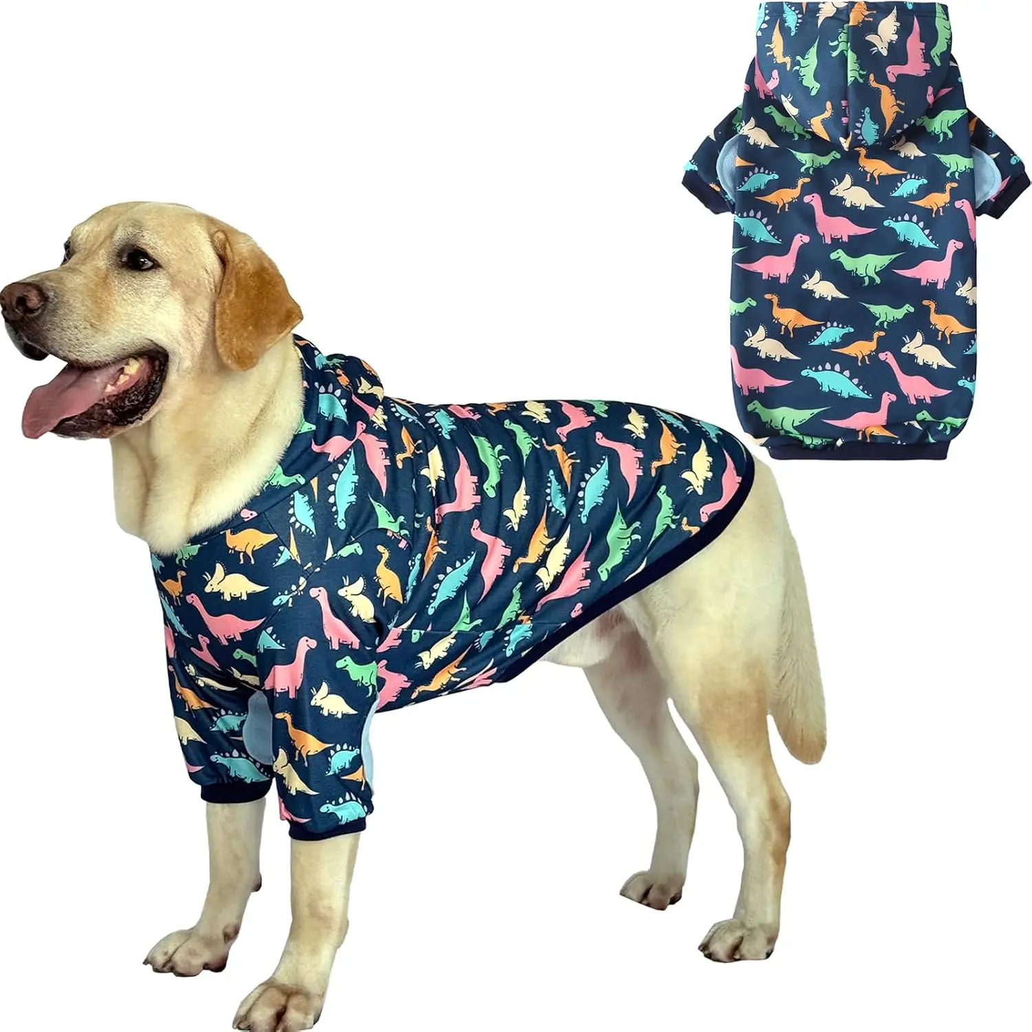 Soft Stretch Dog Hoodie Pullover Sweatshirt Navy Dinosaur Hooded Pet Clothes for Medium Large Dogs XL, Customized