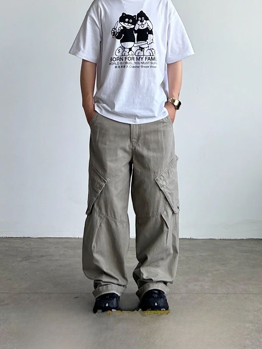 

BBCN STORE American Retro Workwear Casual Pants Spring New Wide Leg Pants with Big Pockets Versatile Cotton Straight Leg Trou...