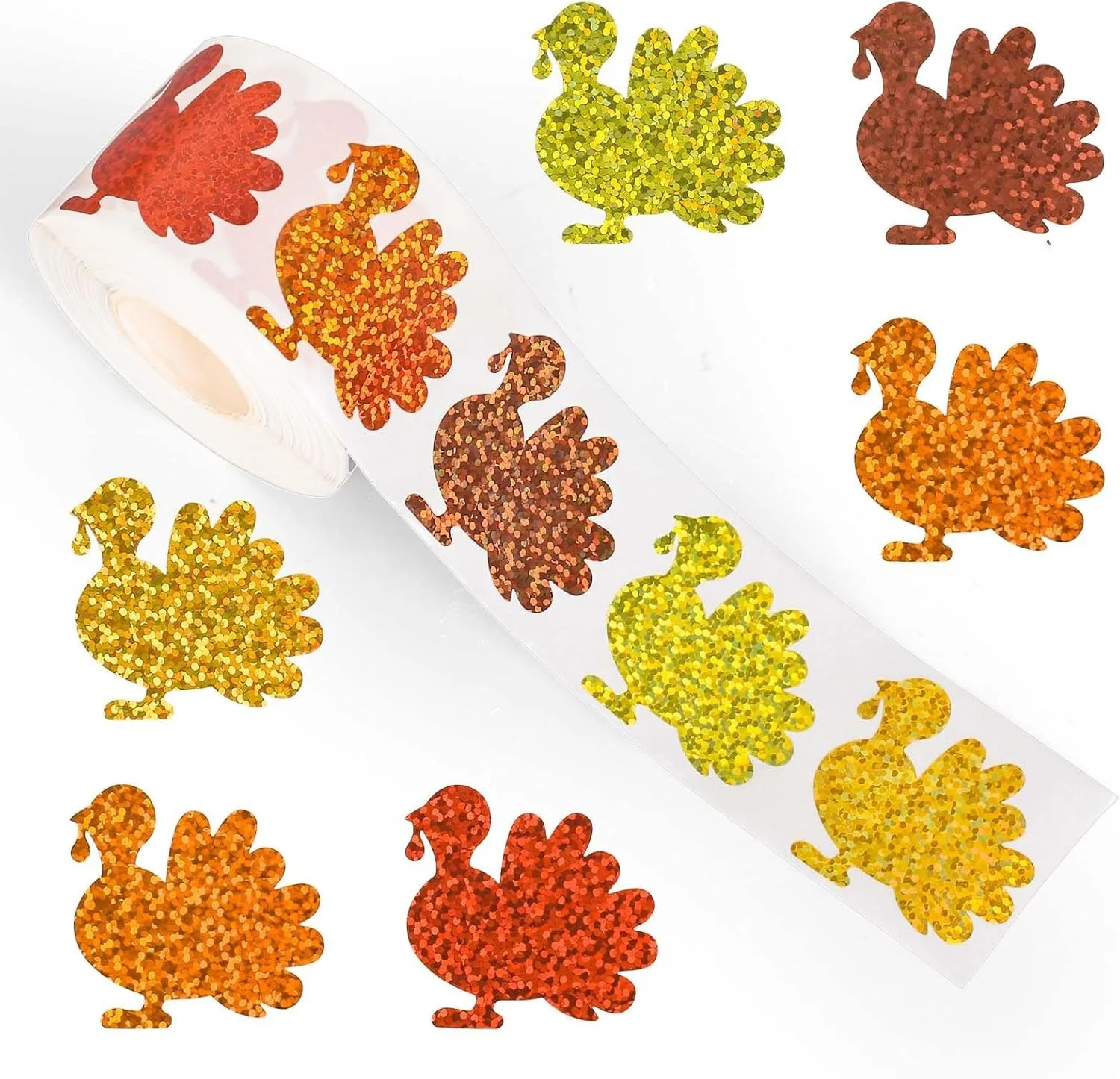 500 Stück Herbst-Thanksgiving-Aufkleber, 1,2 Zoll, glitzernde Laser-Truthahn-Aufkleber, Rolle 5 Farben, Truthahn-Etikettenanhänger für Umschlag, Tagebuch, Dekoration