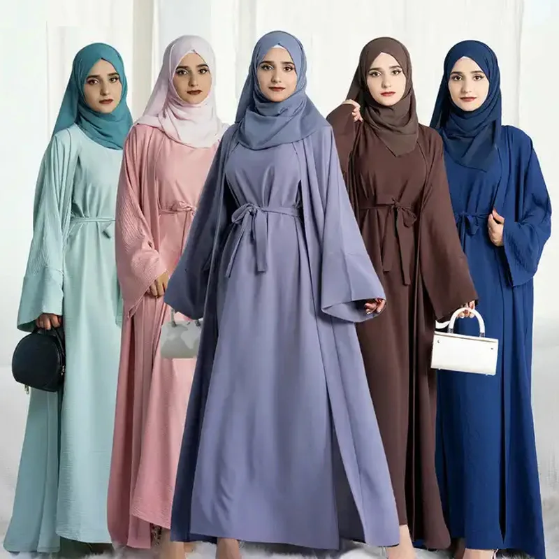 

2 Piece Abaya Set Matching Muslim Suit Crepe Open Abayas for Women Dubai Turkey Sleeveless Hijab Dress African Islamic Clothing