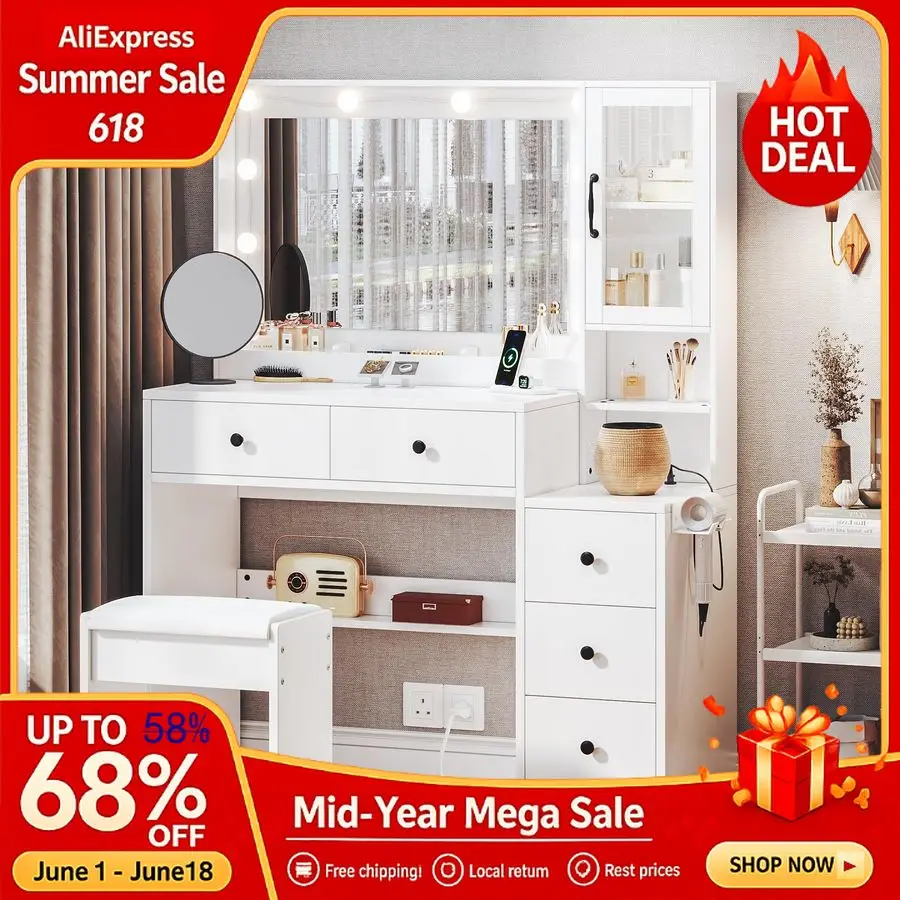 

White Vanity Table with Drawer Dresser, Farmhouse Vanitys Makeup Desk with Charging Station, Vanity Desk with Lights Mirro