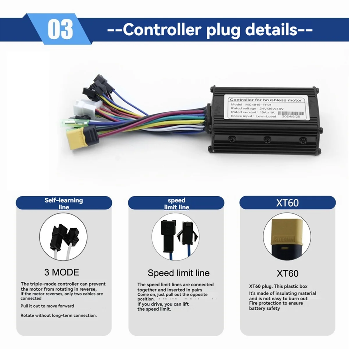 A56XQ EBike 3 โหมด 24V 36V 48V 15A Sinewave Controller 6 หลอดสําหรับ 250 W-350 W มอเตอร์ไฟฟ้าสกู๊ตเตอร์อะไหล่ EBike CONTROLLER