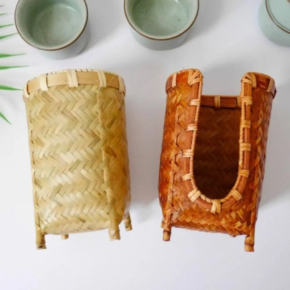 

Bamboo Woven Cup Holder Rack Retro Japanese-style Tea Cup Storage Basket Handmade Space Saving Paper Cup Dispenser Countertop