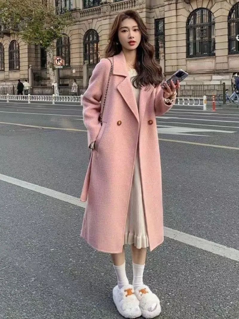 Wool Women Solid Loose Fit Mid-length Casual Outerwear Autumn Winter Lace-up Design All-match Elegant Korean Fashion Clothing