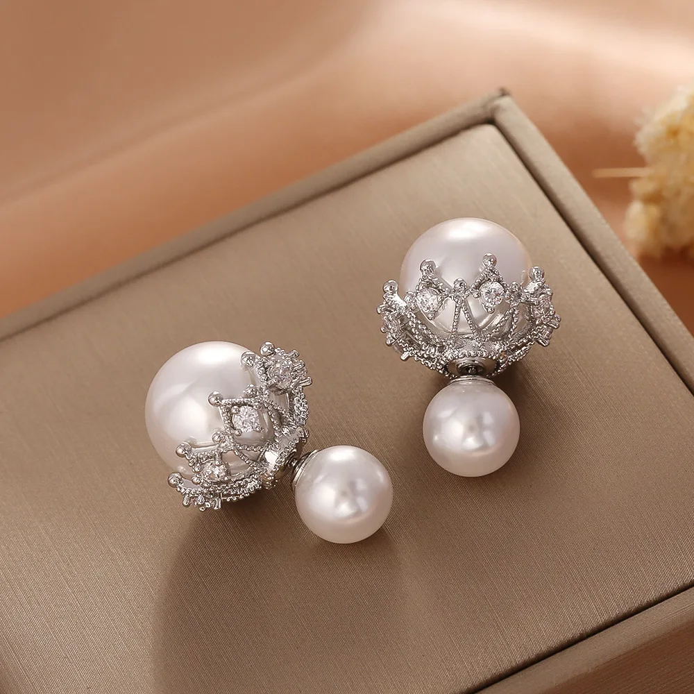Fashionable, high-end, light and luxurious front and rear wear micro-paved zircon earrings, elegant silver needle earrings