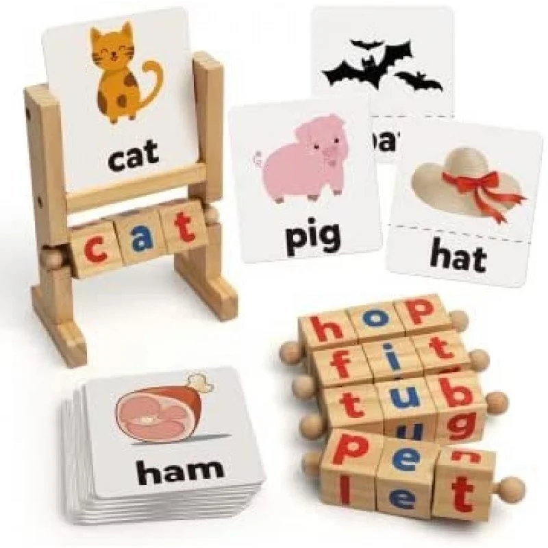 Wooden Rotating Letter Puzzle Reading Blocks Short Vowel Sticks Word Spelling Learning Materials Early Education Supplies for Ki
