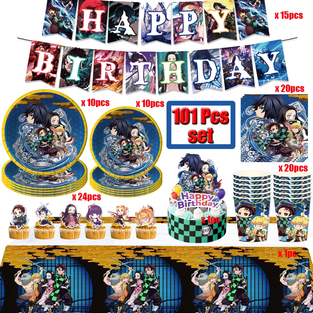 

Kimetsu No Yaiba Birthday Party Decor Disposable Tableware Set Cup Plate Tablecloth Demon Slayer Balloon Baby Shower Supplies