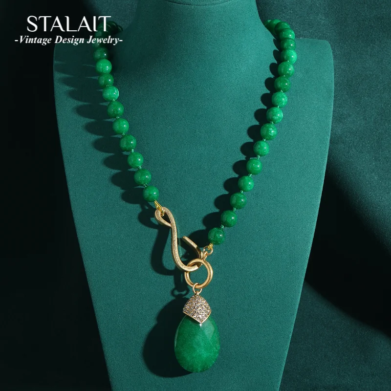 

Ретро винтажные ювелирные изделия изумрудно-зеленого камня, бусины, ожерелье, большая подвеска в виде капли воды, вечерние очаровательные роскошные дизайнерские аксессуары 2025