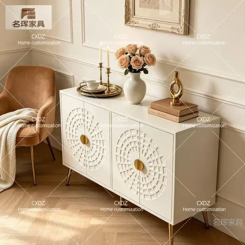 Nordic Light Luxury Round Engraved White Dining Side Cabinet Household Entrance Cabinet Bedroom Advanced Storage Cabinet
