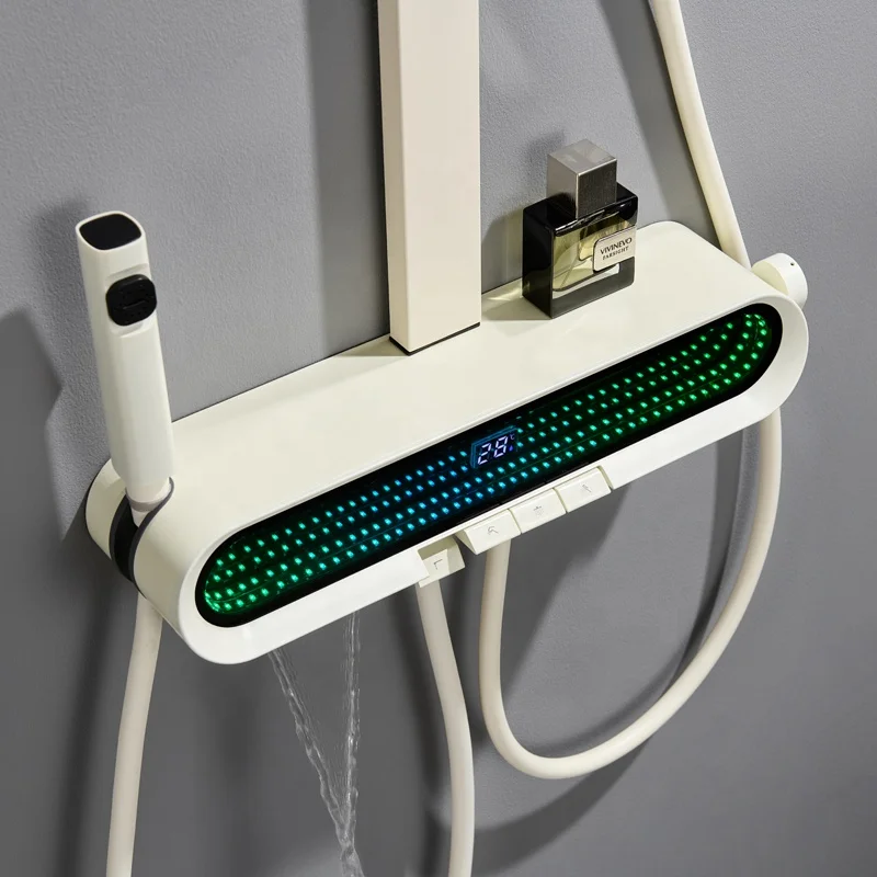 Venta caliente inteligente hogar columna de ducha blanca cascada baño moderno cabezal de ducha termostático tecla de Piano juego de ducha Digital
