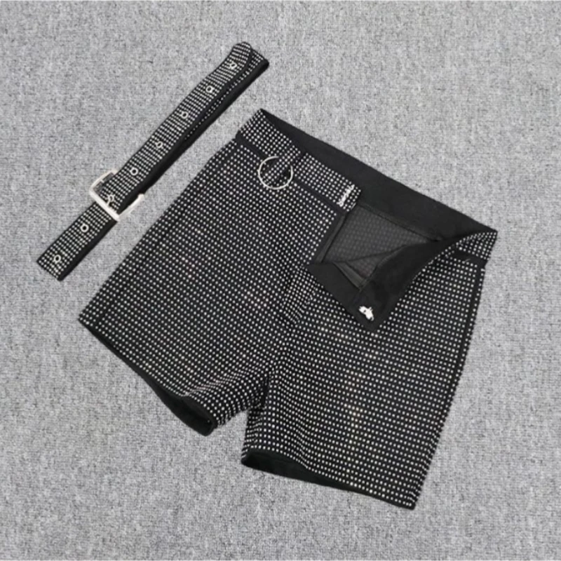 القادمون الجدد الصيف النساء أسود أبيض حجر الراين الماس حزام السراويل عالية الخصر مزاجه الموضة