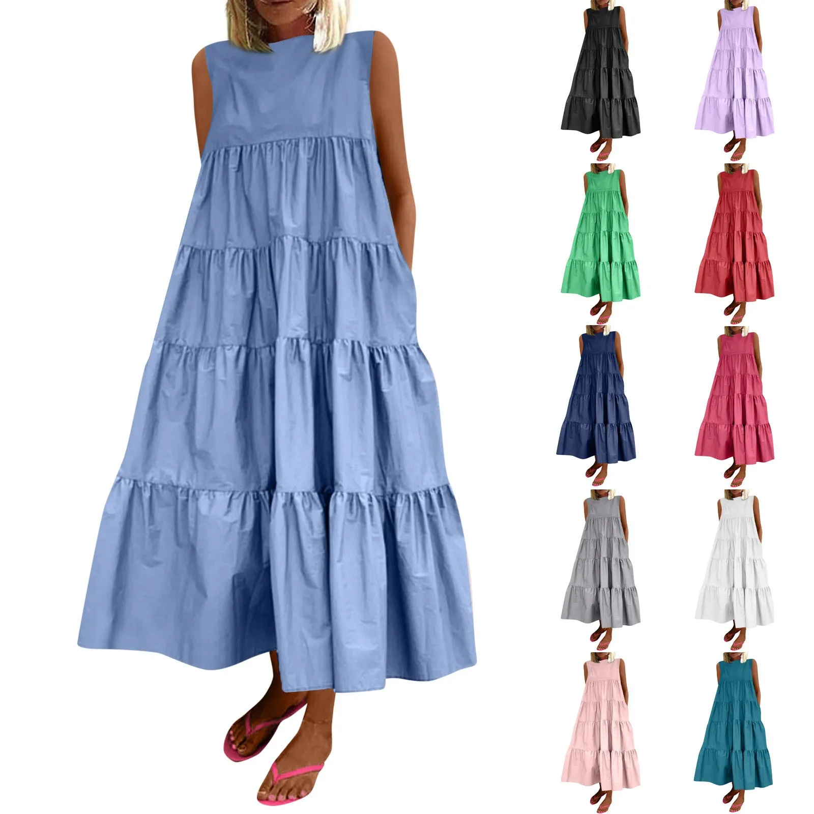 فستان نسائي فضفاض بدون جيب بدون أكمام ، فساتين برقبة مستديرة ، أحادي اللون ، كاجوال ، منتجع شاطئ البحر ، تاريخ ، صيف ، موضة جديدة