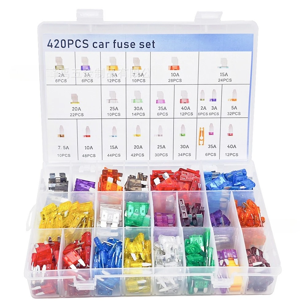 420Pcs Zinc & Aluminum Auto Blade Fuse Assortment Box 2A-40A Standard Mini Car Electrical Safety Fuse Replacement Kit