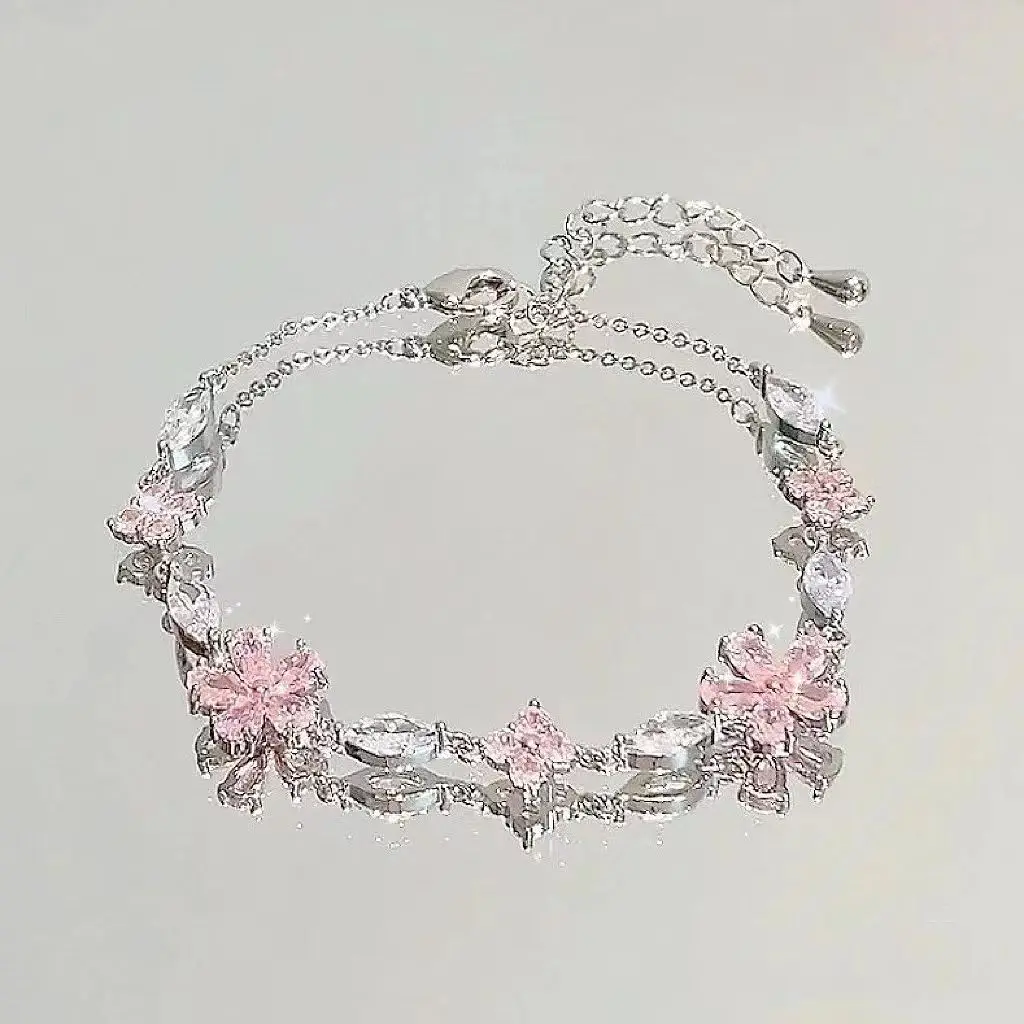 Pulseras de flores de cerezo de cristal rosa brillante para mujeres y niñas, pulsera de circón con lazo de Luna dulce, joyería estética de fiesta