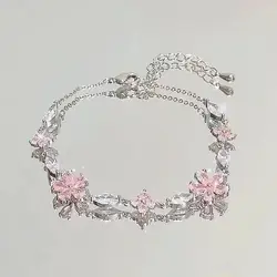 Pulseras de flores de cerezo de cristal rosa brillante para mujeres y niñas, pulsera de circón con lazo de Luna dulce, joyería estética de fiesta Egirl