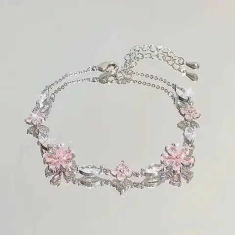 Pulseiras de flor de cerejeira de cristal rosa brilhante para mulheres meninas doce lua arco flores zircão pulseira festa estética egirl jóias