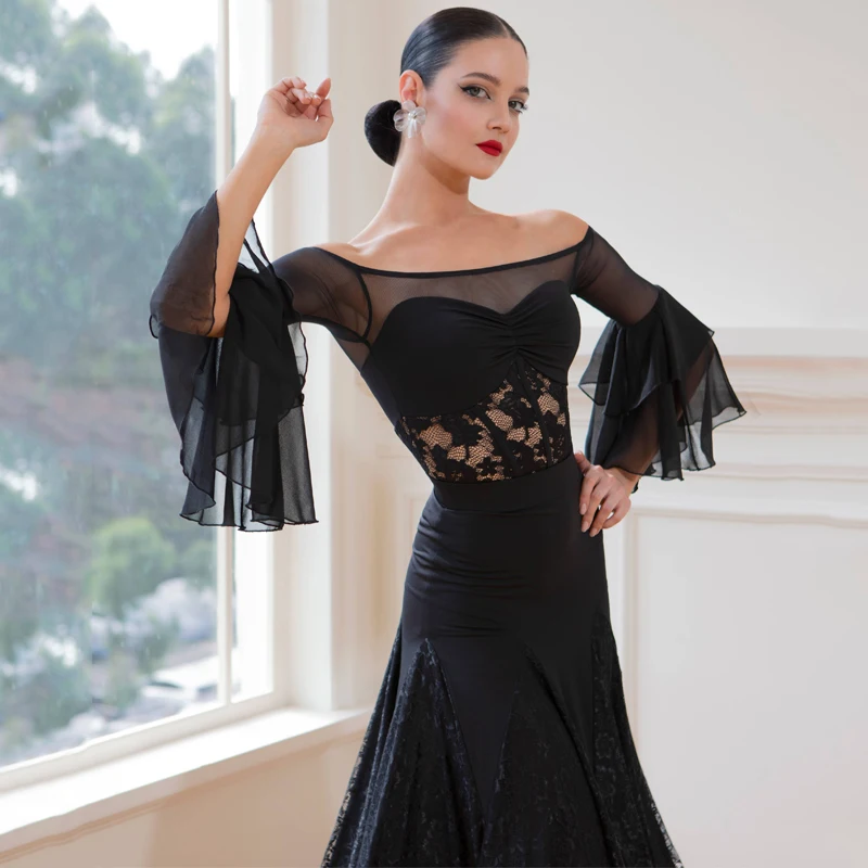 Adults Ballroom Dance Competition Dresses Black Waltz Modern Dancing Clothes Women\'S Mesh Latin Top Long Skirts Costume SL10238