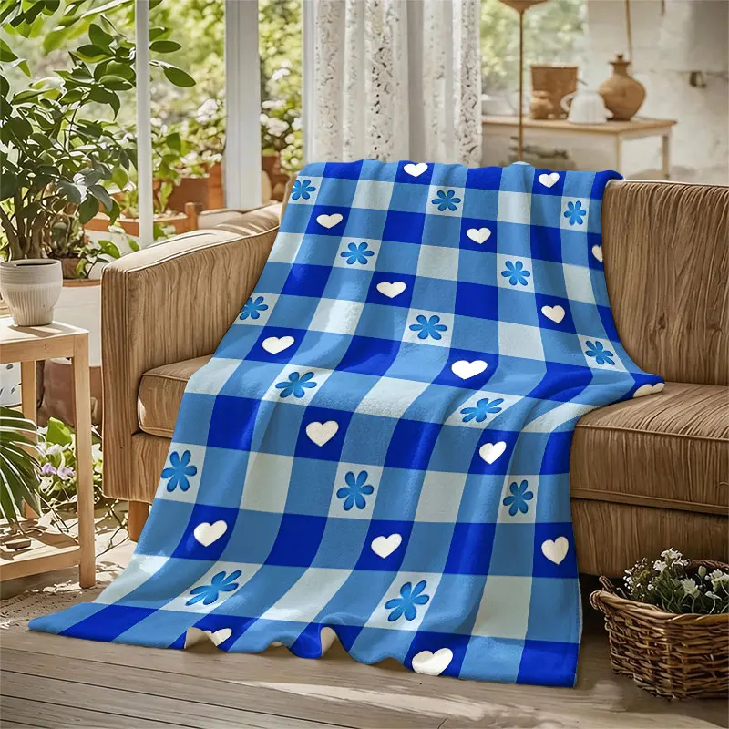 Gingham Hearts Flowers Blue Flannel Blanket Perfect for Sofa Office Bed Travel Sleep Read Relax Camping Four Season Use