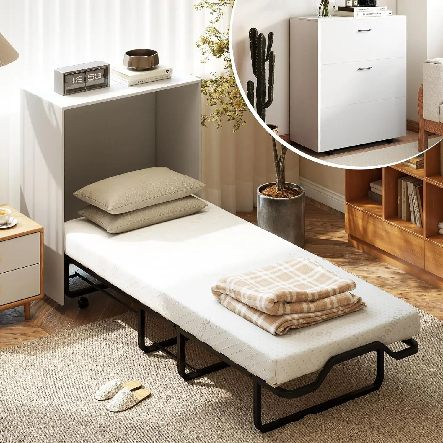 Murphy Bed Cabinet, Rolling Folding Bed into Cabinet with Mattress & Lockable Wheels, Folding Bed Frame for Small, Customized