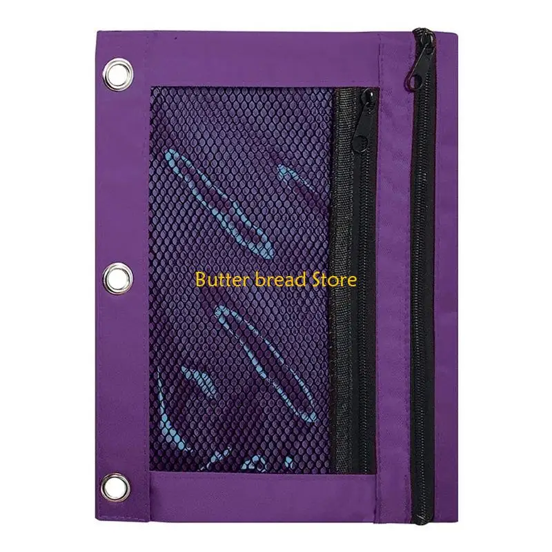 W89C 2Pcs 3 Rings Binder Pencil Large Capacity Zipper Pencil Double Pockets Pen 3 Rings with Clear Window