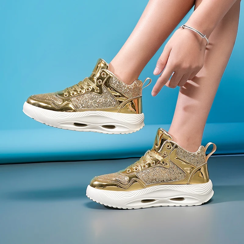 Sepatu Payet Wanita Hip Hop Fashion Sepatu Skateboard Glitter Luar Ruangan Bertali untuk Pria Sepatu Lari Bantalan Udara Platform Pasangan