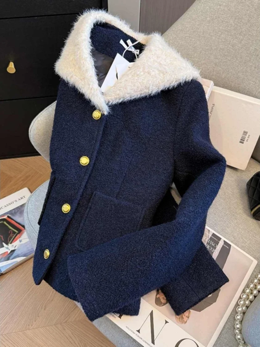 

plus Size Women's Woolen Coat Spring Autumn New Sle Waist-Cinching Color Blo Design Versatile Long Sve OL Sle Outerwear