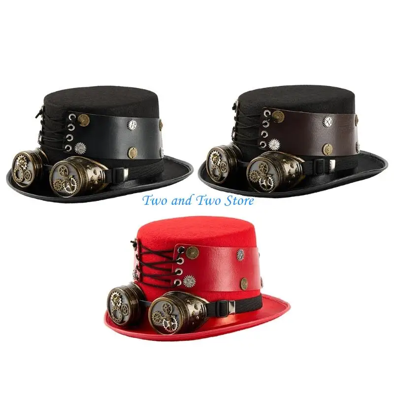 

HX6F Steampunk Headpiece Tall Hat with Goggles and Adjustable PU Strap Roleplay Stage Show Magicians Top Hat for Festival