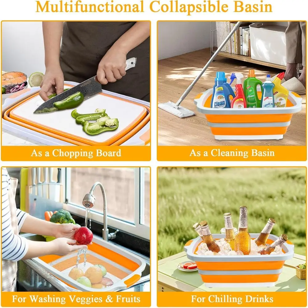 Bañera de barbacoa plegable portátil de 3 tamaños con tapa para tabla de cortar, lavabo para campamento y competición al aire libre, apto para lavavajillas, sin BPA, 30