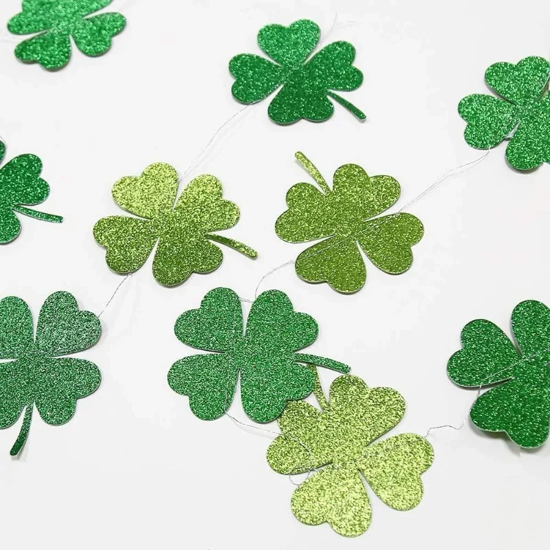 Glitter Shamrock Clover Garland for St Patricks Day Decorations Hanging Streamer Baby Shower Wedding Birthday Parties Supplies