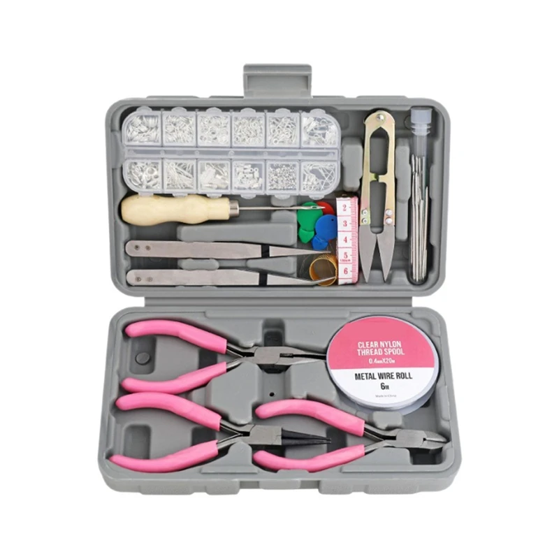 

Pink 17Pcs Jewelry DIY Home Tool Set Household Multi-Function Hand Repairing Tool Kit Tweezers Plier Measure Home Tool