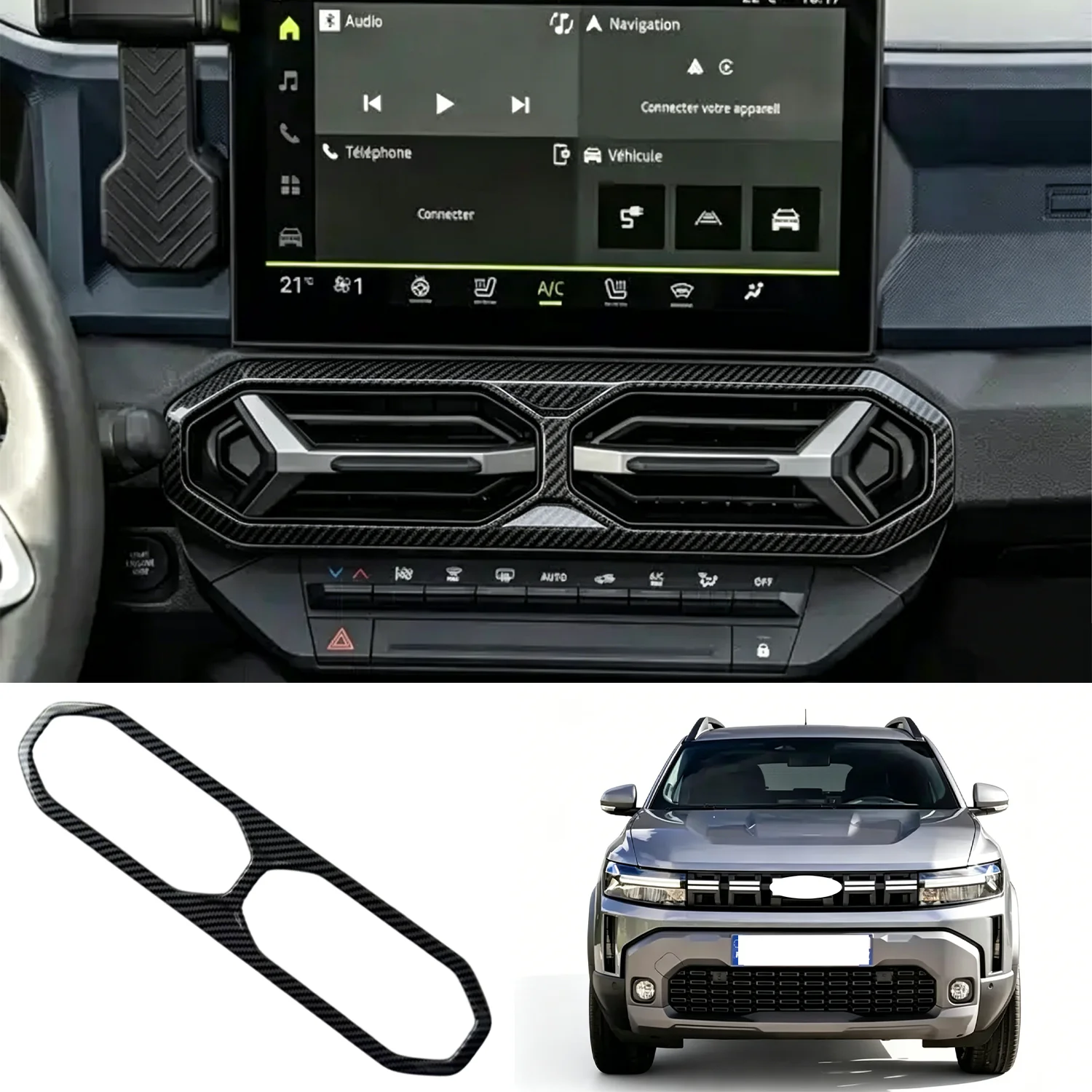 Carbon Fiber Central Air Vent Trim Cover For Dacia Duster 24-27 Bigster 25-27 Dashboard Interior Protective Styling Car Accesory