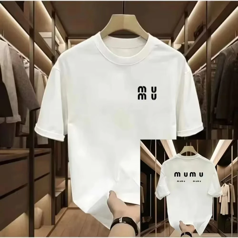 

2025 Summer Miu Wind Short Sleeve T-shirt Cotton Men and Women Chest Letter Printing Loose Fashion New Fashion Brand Explosive