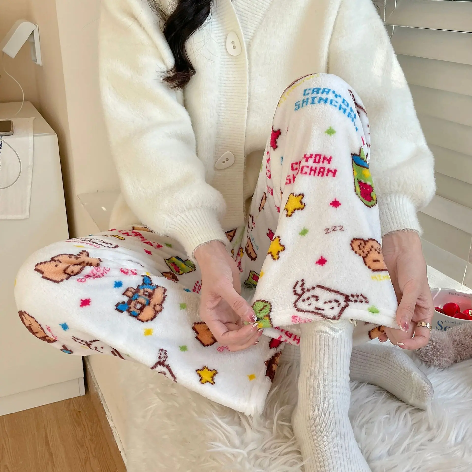 Autumn And Winter Ladies Girls Animal World Flannel Pajama Trousers Women Autumn And Winter New Coral Fleece Thickened Padded Wa