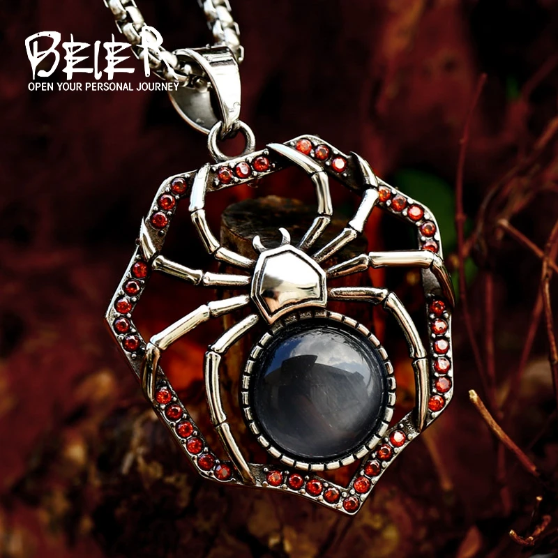 Stainless Steel Ferocious spider Animal Pendant Gem pendant Chain Necklace Fashion men Jewelry BP8-571