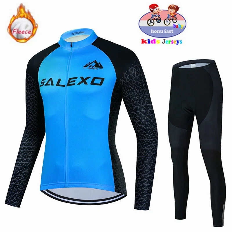 2023 Winter Kids Cycling Jersey Sets Thermal Fleece Fashion Outdoor Riding Bike MTB Clothing Boy/Girl Long Sleeve Clothing Suit