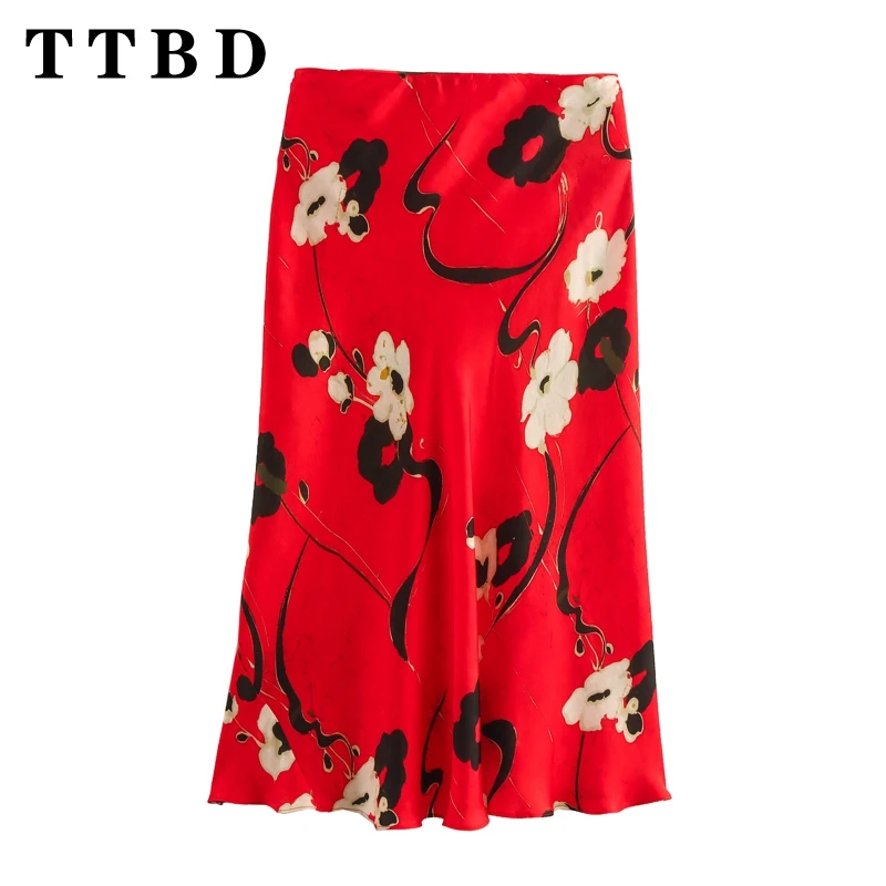 

TTBD 2024 New Summer Women's Elegant Floral Midi Skirt Ladies High Waist Satin A-line Vintage Chic Long Skirt Fashion