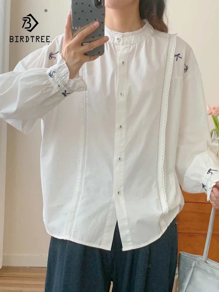 

Новинка 2025, осенняя хлопковая рубашка с длинными рукавами, женская лоскутная блузка с вышивкой и оборками, французская милая свободная блузка Mori Girl T58924CC