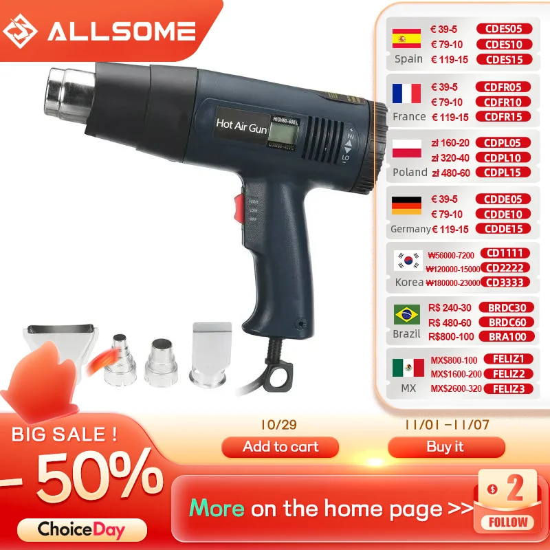 

ALLSOME 220V 2000W Hot Air Guns Heating Machine Heat Hot Air Machine Dual Temperature With 4 Nozzles