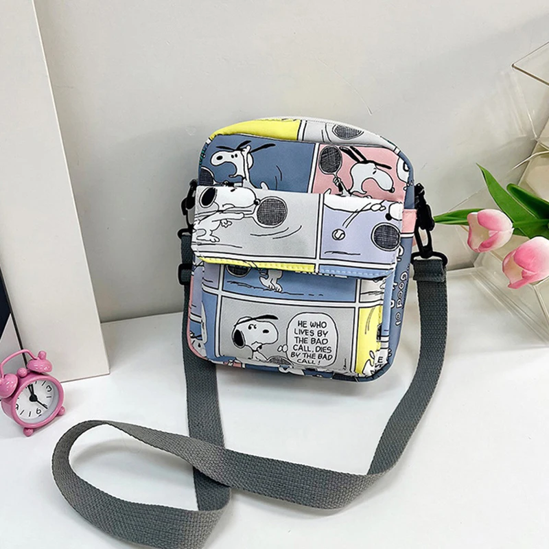 MINISO Disney Cartoon Shoulder Bag Girl Crossbody Phone Bag Cute Snoopy Mini Square Bag Printed Canvas Bag Adjustable Straps