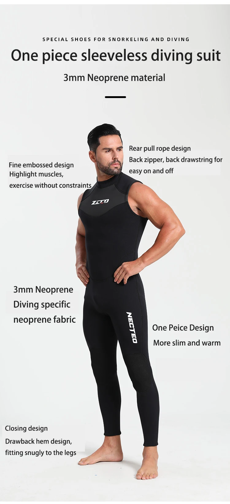 Neopren-Ärmelloser Neoprenanzug 3mm Herren Einteiliger Neoprenanzug Ultra-Elastischer Reißverschluss Tauchanzug für Schwimmen, Surfen, Triathlon – Detail 4