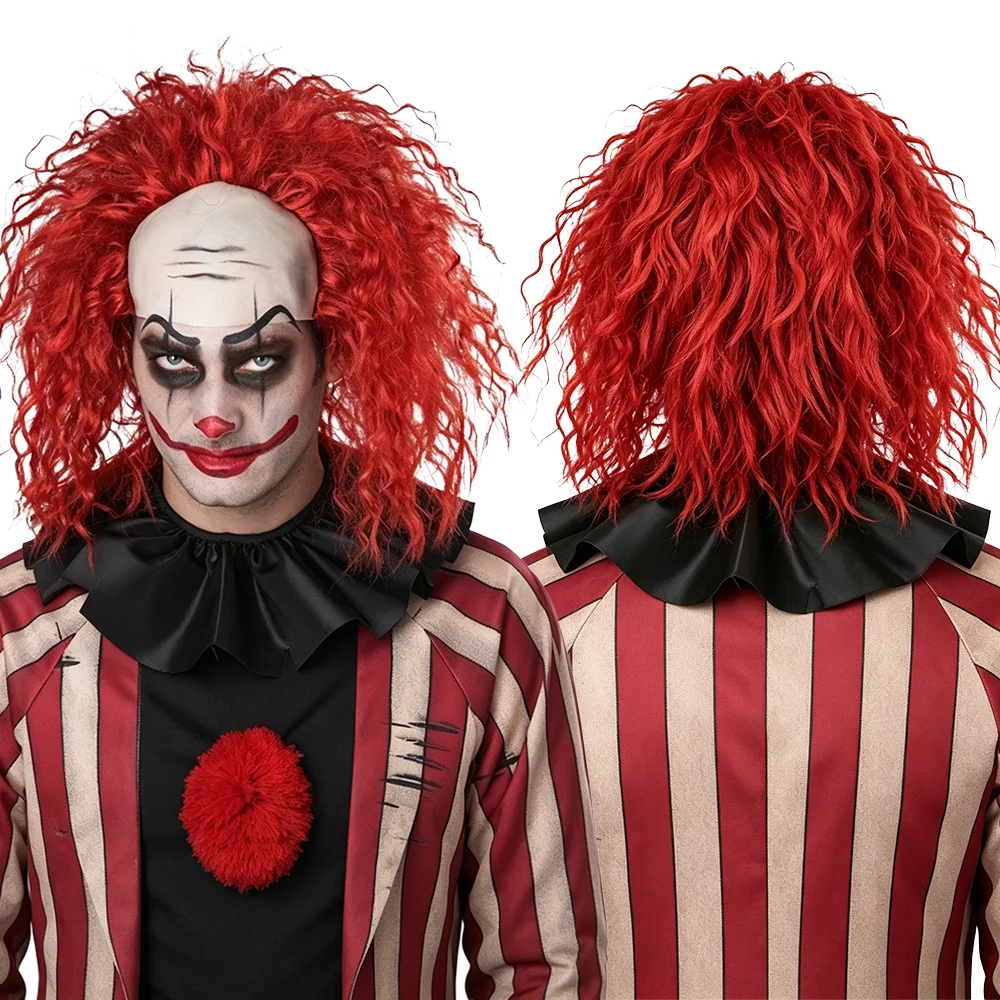 Halloween Cosplay Scary Clown Bald Wig For Men Crazy Messy Curly Fluffy Wig Red Green Grey Heat Resistant Synthetic Hair