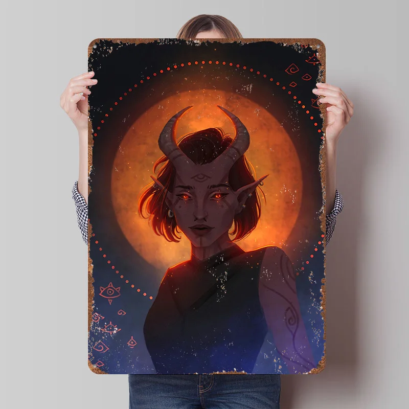 Fantasy Portrait: Tiefling With Third Eye Tinplate Poster Customized Wall Art Vintage Retro Metal Signs for Decoration At Home