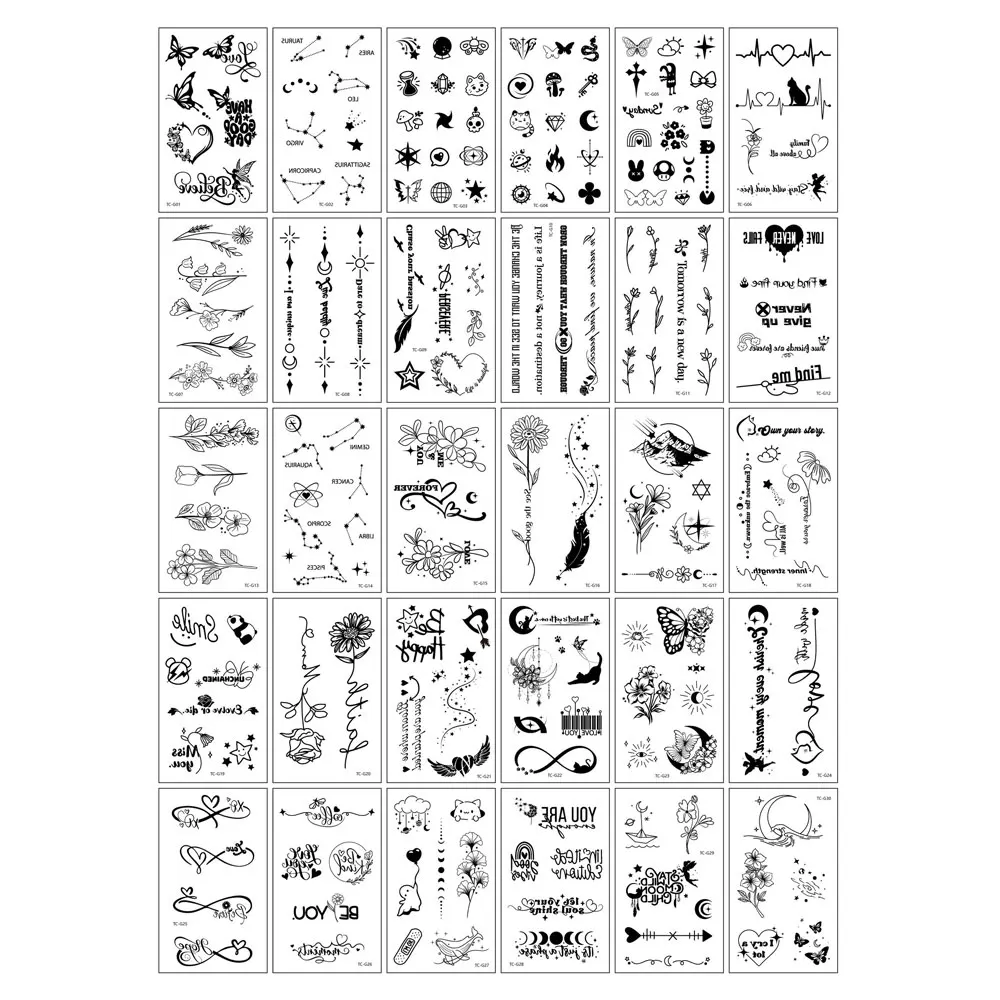 30 ورقة من ملصقات الوشم المؤقت على شكل زهرة سوداء وفراشة بأنماط صغيرة مقاومة للماء للنساء